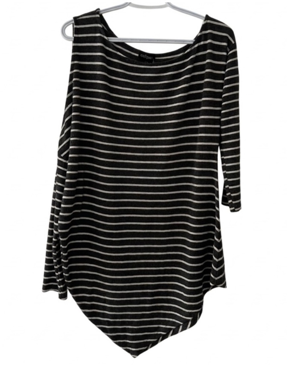 EUC Women’s Grey & White Open Shoulder Striped Asymmetrical Tunic Top Size Med